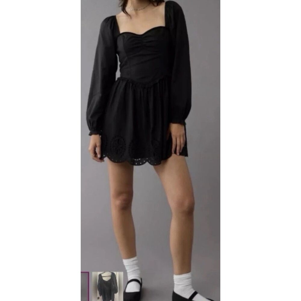 American Eagle Outfitters Black Puff-Sleeve Eyelet Mini Dress Sz Small Cotton
